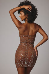 Caprice-Sheer Embellished Bodycon Mini Dress in Mocha