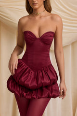 Laela-Layered Bubble Hem Corset Mini Dress in Wine Red