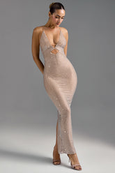 Akiko-Embellished Cut-Out Maxi Dress in Almond