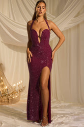 Sansel-Embellished Halterneck Gown in Plum