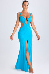 Shakila-Ruffle-Appliqué Cut-Out Maxi Dress in Aqua Blue