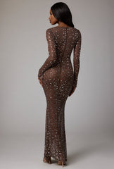 Isabeau-Sheer Embellished Long Sleeve Evening Gown in Deep Cocoa