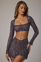 Thalassa-Sheer Embellished V Waist Mini Skirt in Navy