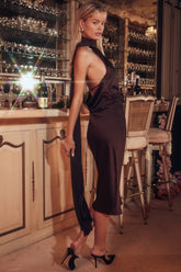 Angelina-Chocolate Wrap Neck Midi Dress