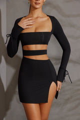 Enya-Long Sleeve Cut Out Mini Dress in Black