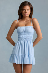 Tessara-Shirred Camisole Mini Dress in Sky Blue