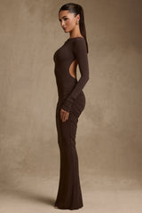 Regine-Modal Ruched Backless Maxi Dress in Chocolate Brown