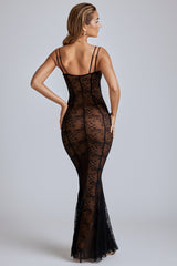 Marietta-Sheer Lace Fishtail Gown in Black