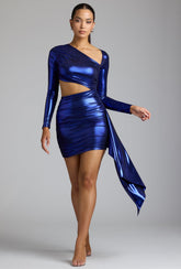 Nasira-Cut Out Metallic Jersey Mini Dress in Electric Blue