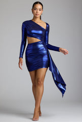 Nasira-Cut Out Metallic Jersey Mini Dress in Electric Blue