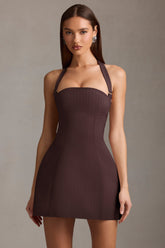 Odessa-Pinstripe Halterneck Structured A-Line Mini Dress in Chocolate Brown