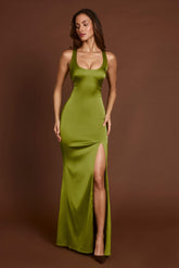 Vittoria-Scoop-Neck Lace-up Back Maxi Dress in Olive Green