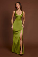 Vittoria-Scoop-Neck Lace-up Back Maxi Dress in Olive Green