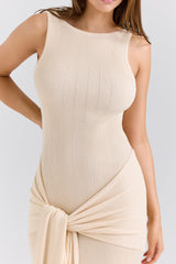 Akaia-Champagne Draped Silky Knit Maxi Dress