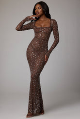 Isabeau-Sheer Embellished Long Sleeve Evening Gown in Deep Cocoa
