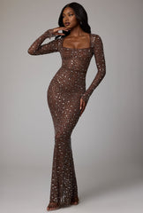 Isabeau-Sheer Embellished Long Sleeve Evening Gown in Deep Cocoa