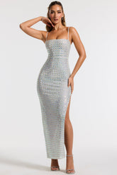 Prisha-Embellished Square Neck Evening Gown in Silver