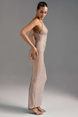 Akiko-Embellished Cut-Out Maxi Dress in Almond