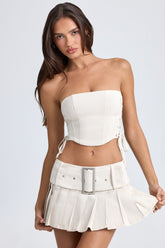 Devora-Belted Pleated Low-Rise Micro Mini Skirt in Ecru
