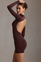 Isolde-Ruched Backless Turtleneck Mini Dress in Chocolate Brown
