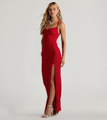 Amirah Formal Glitter Cowl Neck Column Dress-BURGUNDY