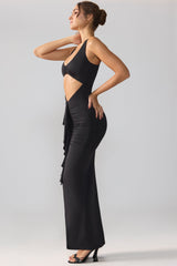 Calluna-Slinky Jersey Cut Out Ruffle Racerback Maxi Dress in Black