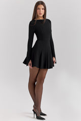 Francesca-Black Stretch Crepe Godet Mini Dress