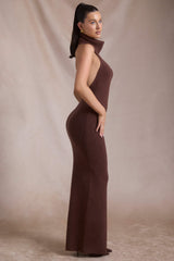 Calissa-Ribbed-Knit Turtleneck Backless Maxi Dress in Espresso