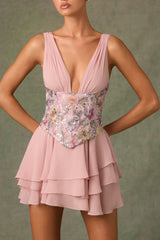 Sakura-Embellished Ruffled Corset Mini Dress in Floral Pink