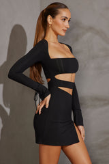 Enya-Long Sleeve Cut Out Mini Dress in Black