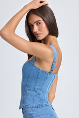 Danna-Lace-Up Corset Top in Mid Blue Stonewash