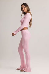 Bebe-Modal Foldover Mid-Rise Flared Trousers in Pastel Pink