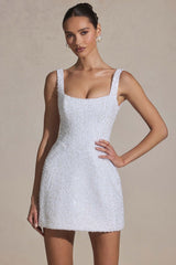 Dominique-Embellished Structured A-Line Mini Dress in White