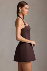 Odessa-Pinstripe Halterneck Structured A-Line Mini Dress in Chocolate Brown