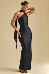 Sheril-Asymmetric Scarf-Detail Maxi Dress in Black