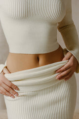 Edalene-Ribbed-Knit Foldover Maxi Skirt in Ivory