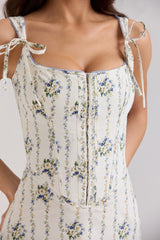 Dionne-Cream Daisy Print Stretch Cotton Midi Dress