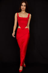 Colette-Scarlet Satin Low Waist Midi Skirt