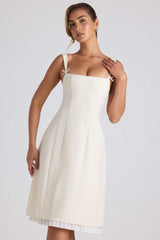 Isadora-Bow-Detail Pleated A-Line Midi Dress in Ivory