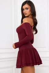 Maren-Off-Shoulder Tiered Corset Mini Dress in Berry Red