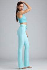 Gia-Tall Metallic Belted Mid-Rise Flared Trousers in Ice Blue