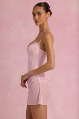 Connie-Semi-Sheer Embellished Draped Corset Mini Dress in Pink