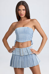 Devora-Belted Pleated Low-Rise Micro Mini Skirt in Light Blue Stonewash