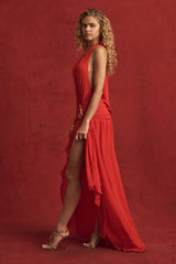 Oliana-Asymmetric Halterneck Maxi Dress in Chilli Red