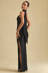 Sheril-Asymmetric Scarf-Detail Maxi Dress in Black