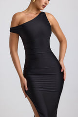 Akeeva-Ruched Asymmetric One-Shoulder Maxi Dress in Black