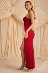 La Rochette-Embellished Strapless Cowl-Neck Maxi Dress in True Red