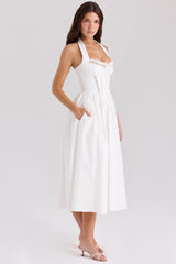 Emilia-White Cotton Halter Neck Midi Dress