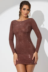 Delfina-Embellished High Neck Cowl Back Mini Dress in Espresso