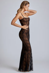 Marietta-Sheer Lace Fishtail Gown in Black
